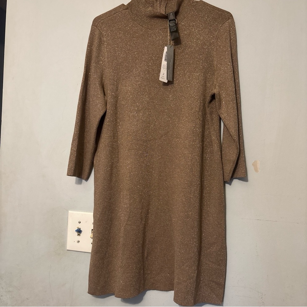 Sparkle Knit Turtleneck Shift Dress - Gold